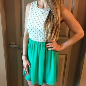 White and green polka dot dress